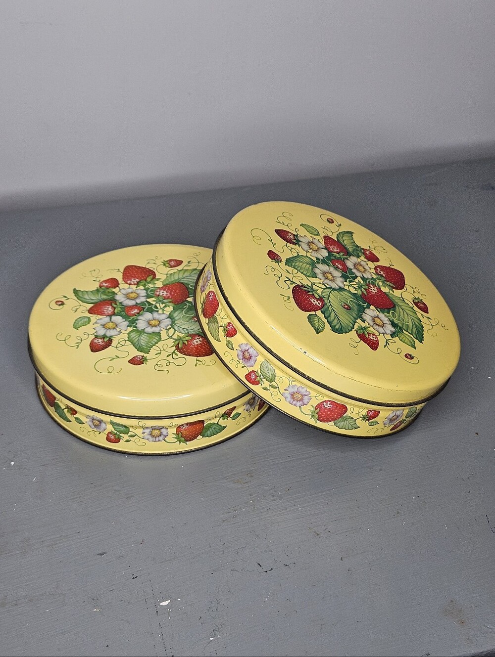 Vintage Yellow Strawberry Floral Round Tins Set of 2